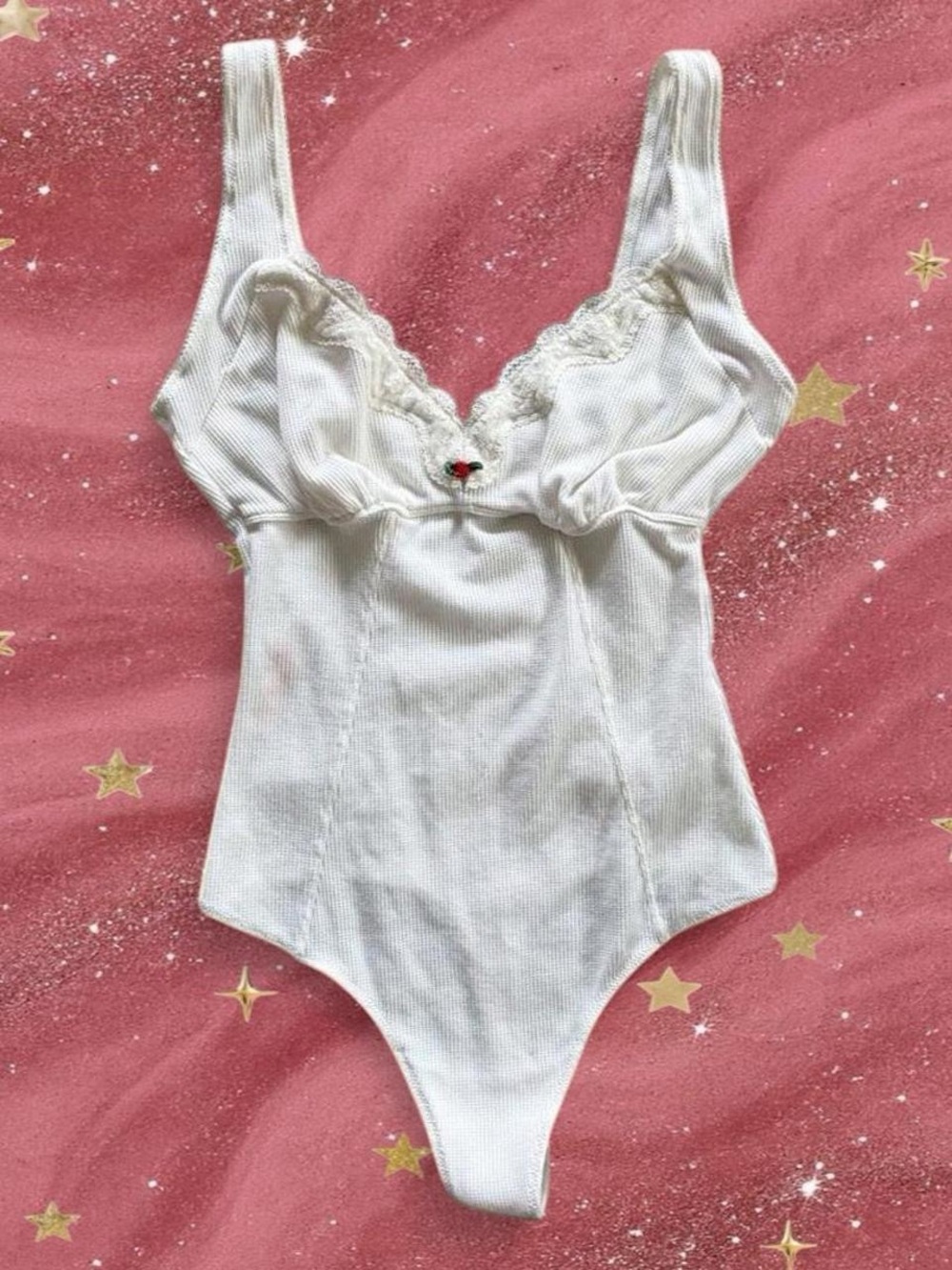 Colsie White Ribbed Lace-Trim Bodysuit with Cherry Accent